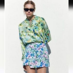 ZARA Satin Floral Envelope Skort In Shades Of Blue/purple/green. Size Medium